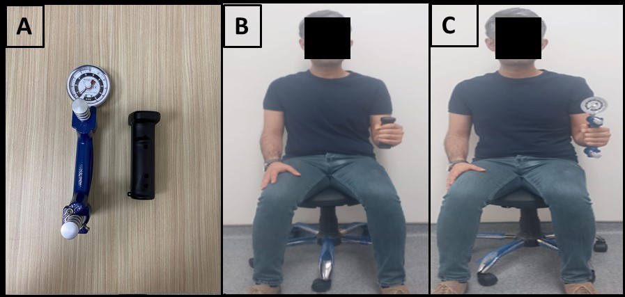 (A) K-Force® Grip dynamometer and Baseline® Grip dynamometer; (B) Grip strength; (C) Grip strength assessment with the Baseline® Grip dynamometer